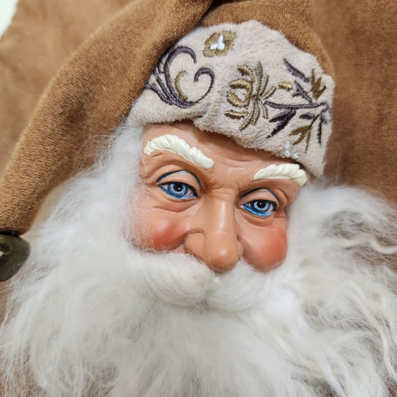 3D Santa Claus Sculpture Christmas Stocking Brown Faux Suede Embroidered - Picture 6 of 7